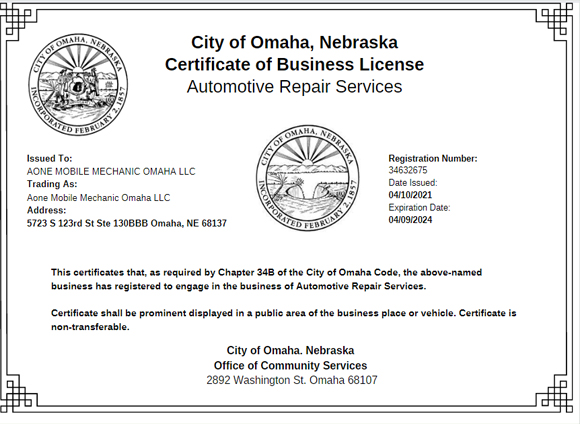 Mobile mechanic auto truck repair services-certificate
